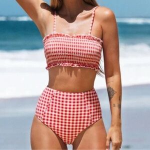 women’s red gingham high waisted bikini set - cupshe!